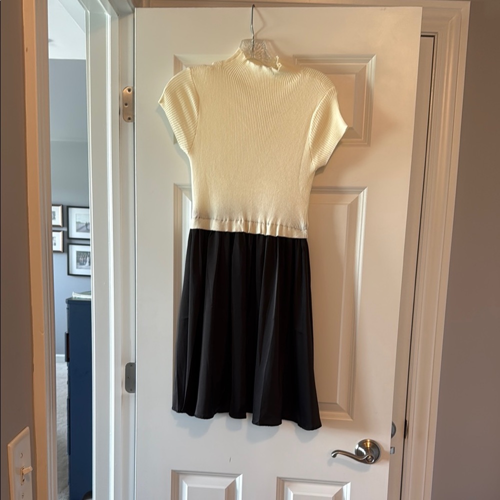 Amazon Cream and Black Fit and Flare Dress Mock Neck Short Sleeve